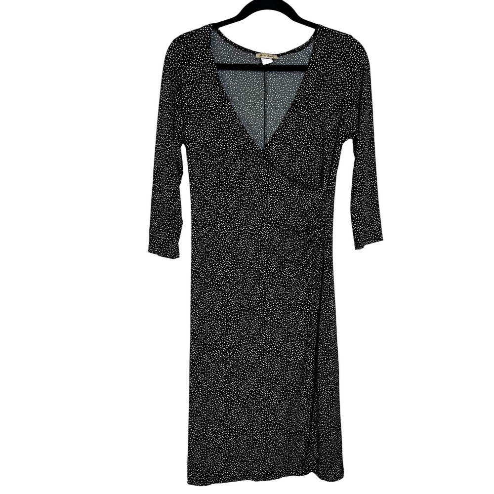 one clothing Black White Polka Dot Ruched Wrap Midi Dress Womens L